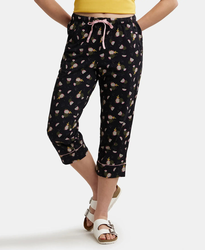 Super Combed Cotton Printed Elastane Slim Fit Capri with Ultrasoft Waistband - Black-1