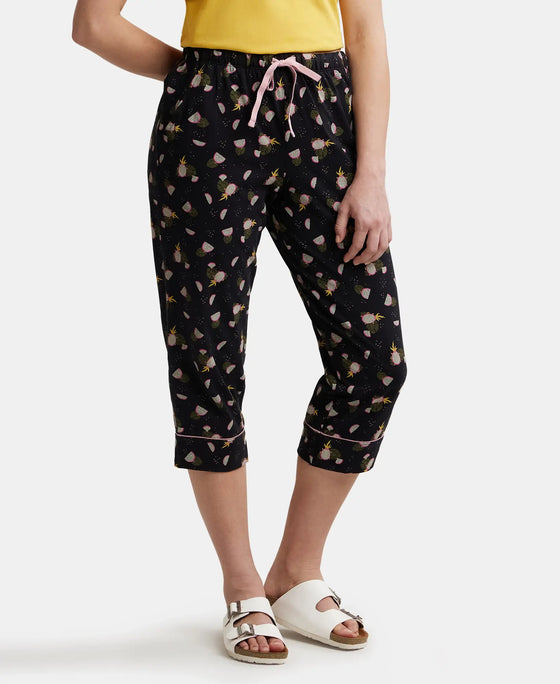 Super Combed Cotton Printed Elastane Slim Fit Capri with Ultrasoft Waistband - Black-2