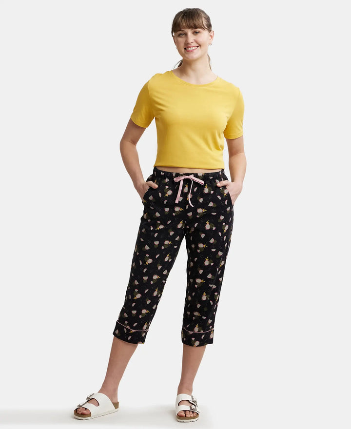 Super Combed Cotton Printed Elastane Slim Fit Capri with Ultrasoft Waistband - Black-4