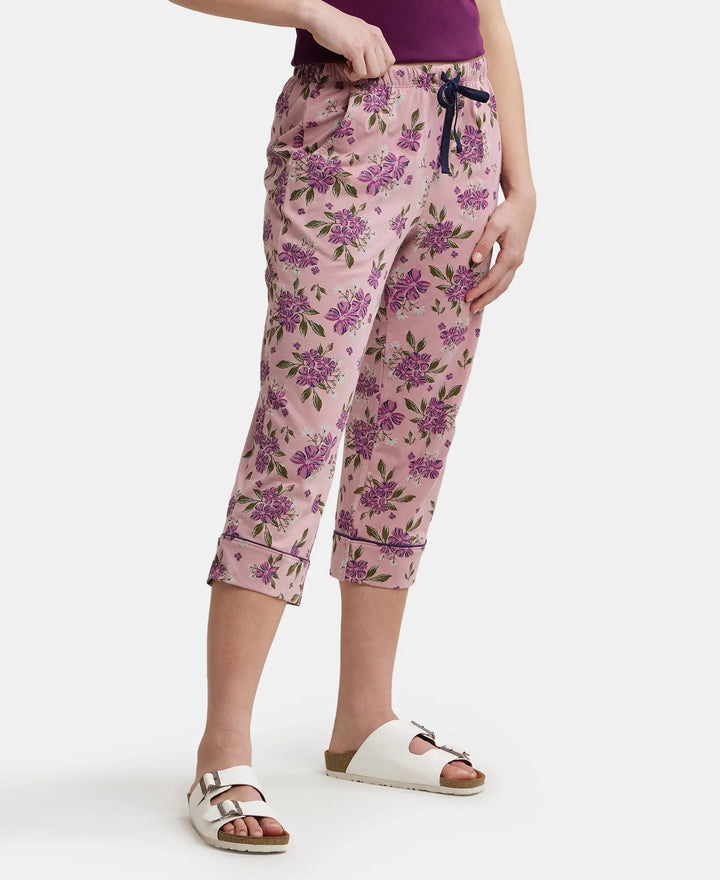 Super Combed Cotton Printed Elastane Slim Fit Capri with Ultrasoft Waistband - Lilas-2