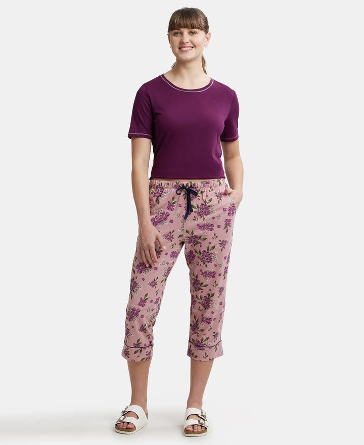 Super Combed Cotton Printed Elastane Slim Fit Capri with Ultrasoft Waistband - Lilas-4
