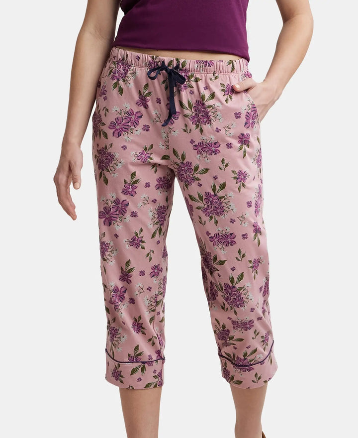 Super Combed Cotton Printed Elastane Slim Fit Capri with Ultrasoft Waistband - Lilas-5