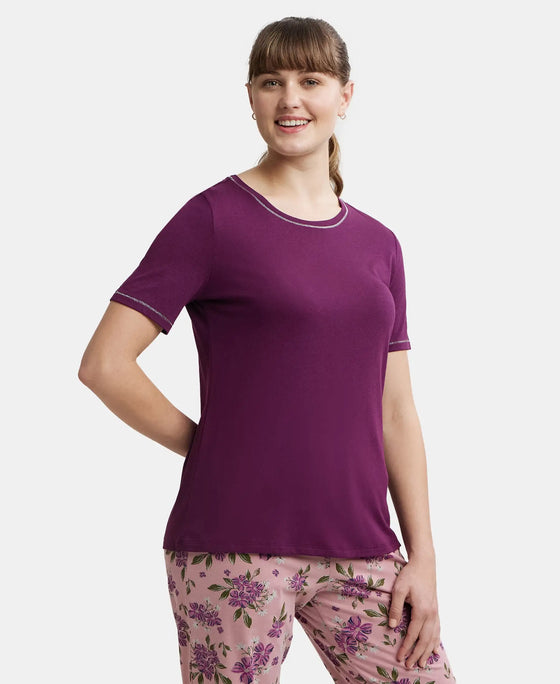 Micro Modal Cotton Relaxed Fit Round neck Half Sleeve T-Shirt - Purple Wine-2