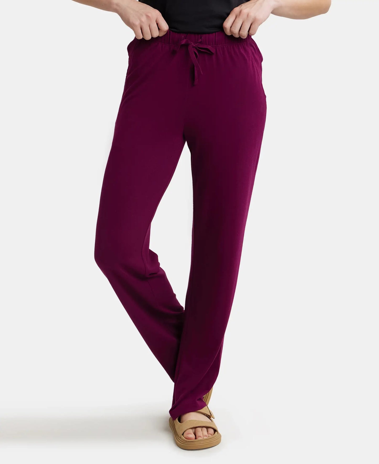 Micro Modal Cotton Relaxed Fit Printed Pyjama with Front Off-Seam Pockets - Purple Wine-1
