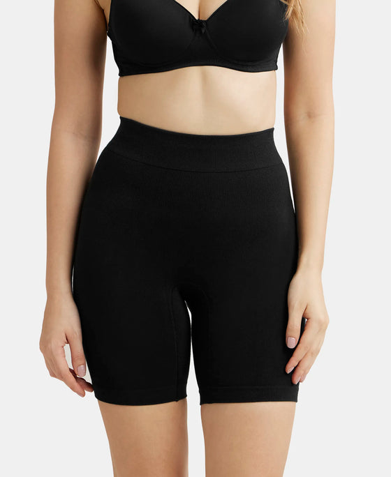 Mid Waist Cotton Rich Elastane Stretch Seamfree Shorts Shapewear with Breathable Inner Thigh Panel - Black-1