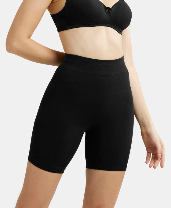 Mid Waist Cotton Rich Elastane Stretch Seamfree Shorts Shapewear with Breathable Inner Thigh Panel - Black-5