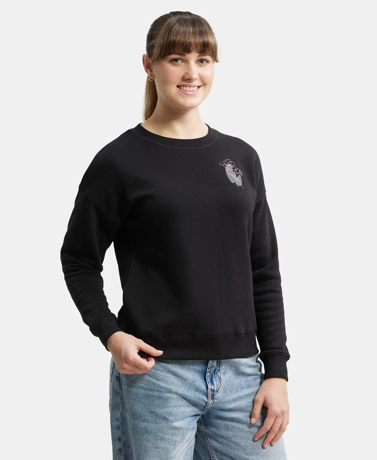 Super Combed Cotton Rich Fleece Fabric Printed Sweatshirt with Drop Shoulder Styling - Black-1
