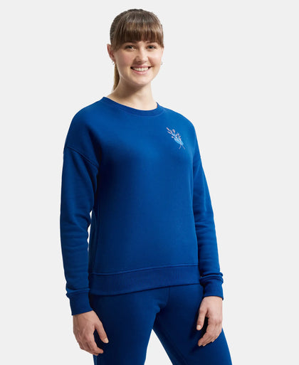 Super Combed Cotton Rich Fleece Fabric Printed Sweatshirt with Drop Shoulder Styling - Navy Peony-2