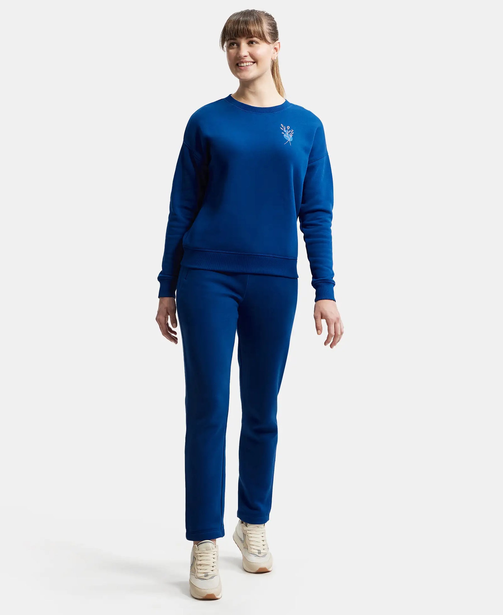 Super Combed Cotton Rich Fleece Fabric Printed Sweatshirt with Drop Shoulder Styling - Navy Peony-4