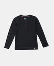 Super Combed Cotton Rich Graphic Printed Full Sleeve Henley T-Shirt - Black Melange-1