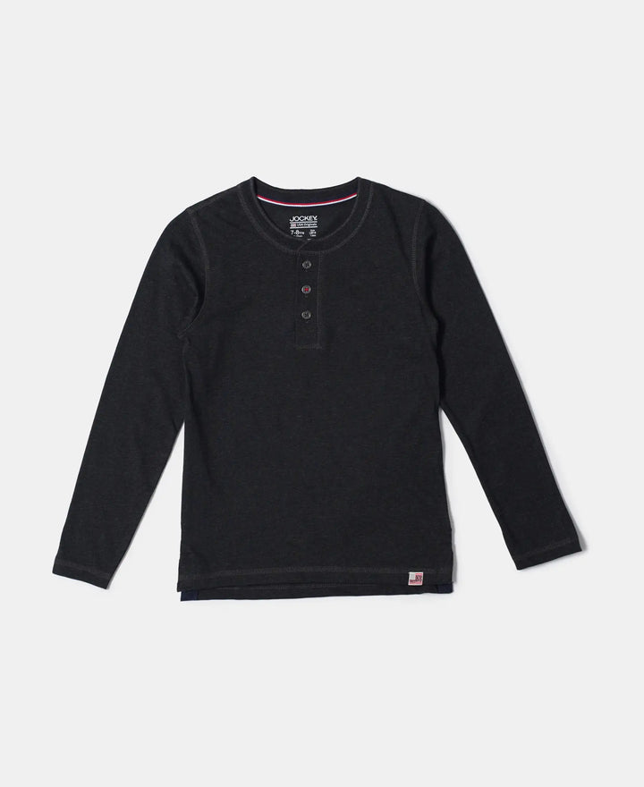 Super Combed Cotton Rich Graphic Printed Full Sleeve Henley T-Shirt - Black Melange-1