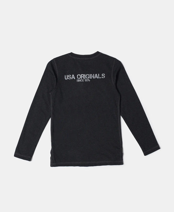 Super Combed Cotton Rich Graphic Printed Full Sleeve Henley T-Shirt - Black Melange-2