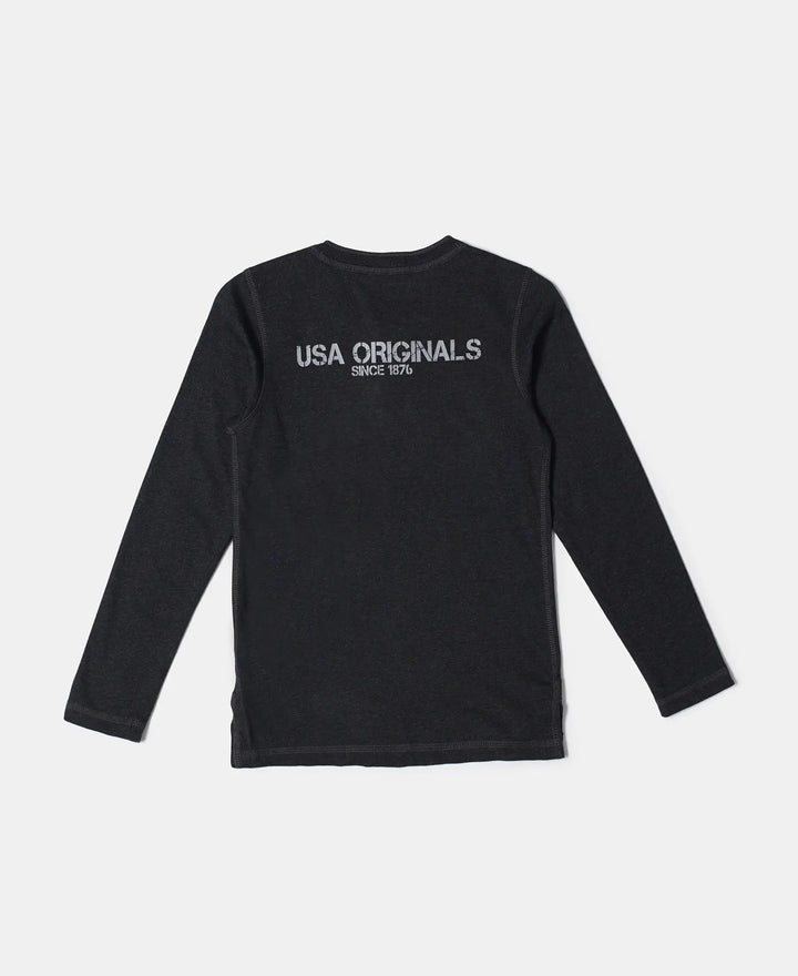 Super Combed Cotton Rich Graphic Printed Full Sleeve Henley T-Shirt - Black Melange-2