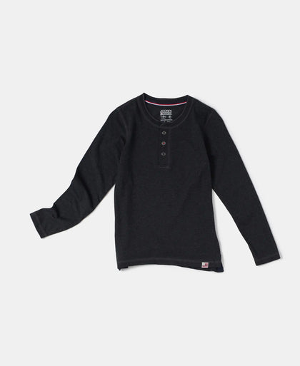 Super Combed Cotton Rich Graphic Printed Full Sleeve Henley T-Shirt - Black Melange-5