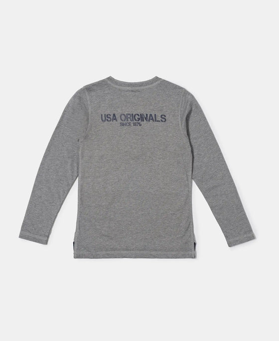 Super Combed Cotton Rich Graphic Printed Full Sleeve Henley T-Shirt - Grey Melange-2