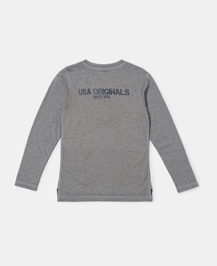 Super Combed Cotton Rich Graphic Printed Full Sleeve Henley T-Shirt - Grey Melange-2