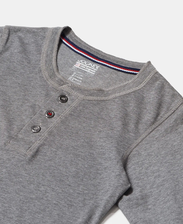 Super Combed Cotton Rich Graphic Printed Full Sleeve Henley T-Shirt - Grey Melange-3