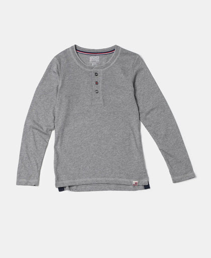 Super Combed Cotton Rich Graphic Printed Full Sleeve Henley T-Shirt - Grey Melange-5