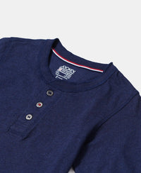 Super Combed Cotton Rich Graphic Printed Full Sleeve Henley T-Shirt - Ink Blue Melange-3