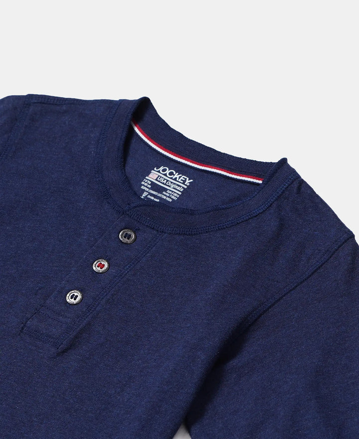 Super Combed Cotton Rich Graphic Printed Full Sleeve Henley T-Shirt - Ink Blue Melange-3
