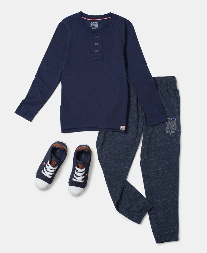 Super Combed Cotton Rich Graphic Printed Full Sleeve Henley T-Shirt - Ink Blue Melange-4