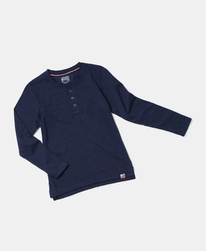 Super Combed Cotton Rich Graphic Printed Full Sleeve Henley T-Shirt - Ink Blue Melange-5