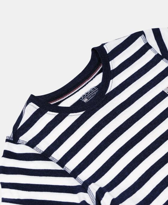 Super Combed Cotton Rich Striped Full Sleeve T-Shirt - Ink Blue Melange & White-3