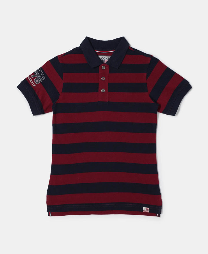 Super Combed Cotton Rich Half Sleeve Striped Polo T-Shirt - Navy & Deep Red-1
