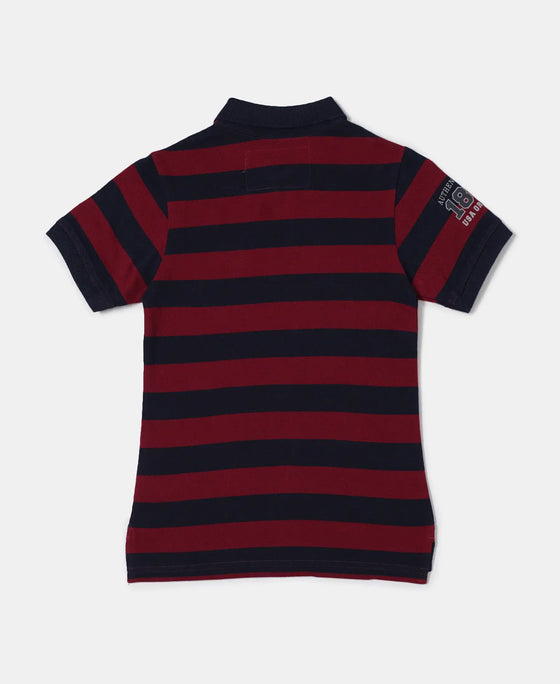 Super Combed Cotton Rich Half Sleeve Striped Polo T-Shirt - Navy & Deep Red-2
