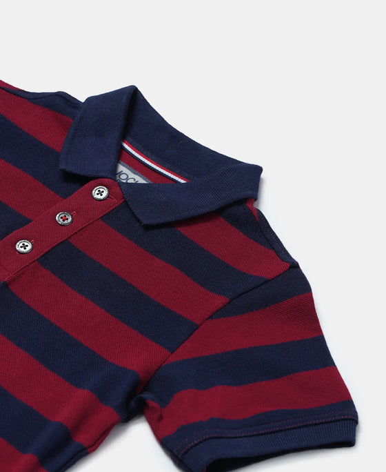Super Combed Cotton Rich Half Sleeve Striped Polo T-Shirt - Navy & Deep Red-3