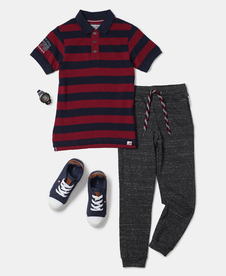 Super Combed Cotton Rich Half Sleeve Striped Polo T-Shirt - Navy & Deep Red-4