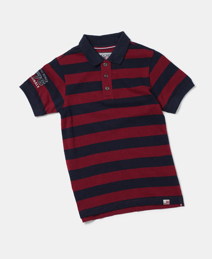 Super Combed Cotton Rich Half Sleeve Striped Polo T-Shirt - Navy & Deep Red-5