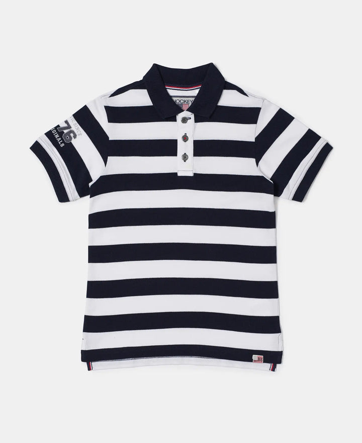 Super Combed Cotton Rich Half Sleeve Striped Polo T-Shirt - Navy & White-1