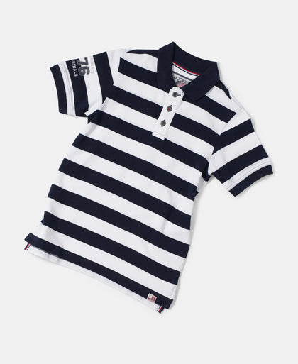 Super Combed Cotton Rich Half Sleeve Striped Polo T-Shirt - Navy & White-5