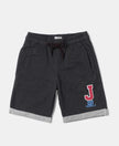 Super Combed Cotton Rich French Terry Graphic Printed Shorts with Turn Up Hem Styling - Black Melange-1