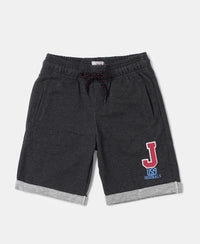 Super Combed Cotton Rich French Terry Graphic Printed Shorts with Turn Up Hem Styling - Black Melange-1
