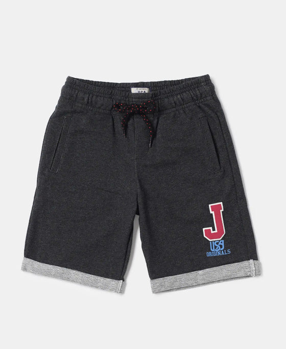 Super Combed Cotton Rich French Terry Graphic Printed Shorts with Turn Up Hem Styling - Black Melange-1