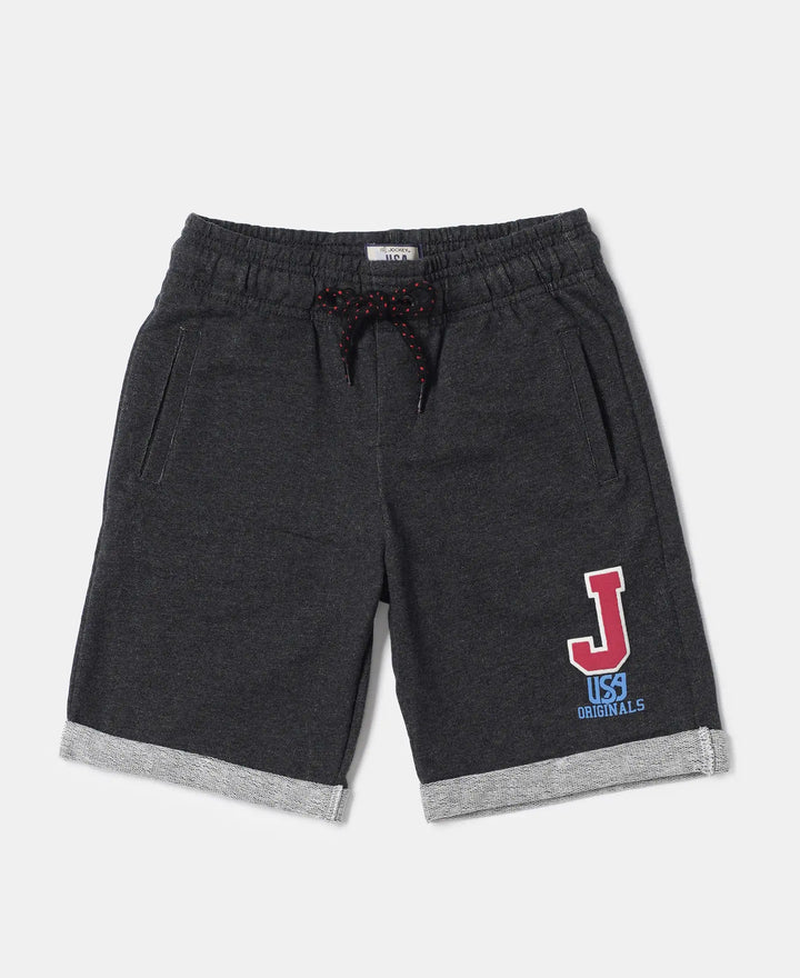 Super Combed Cotton Rich French Terry Graphic Printed Shorts with Turn Up Hem Styling - Black Melange-1
