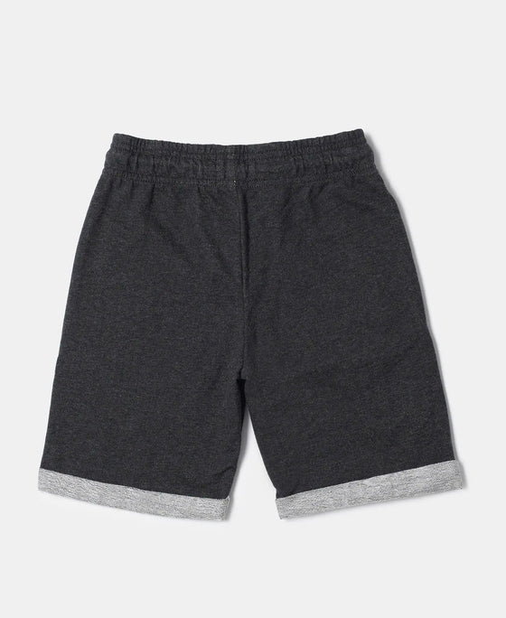 Super Combed Cotton Rich French Terry Graphic Printed Shorts with Turn Up Hem Styling - Black Melange-2