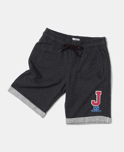Super Combed Cotton Rich French Terry Graphic Printed Shorts with Turn Up Hem Styling - Black Melange-5