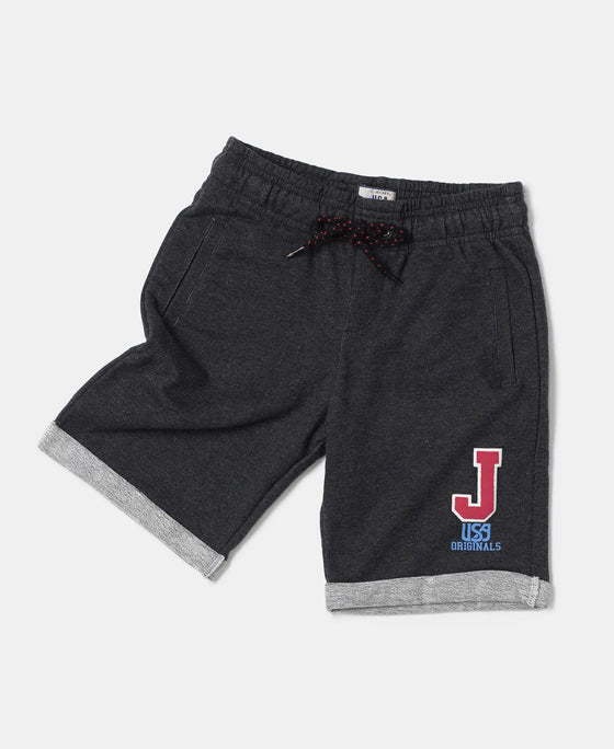 Super Combed Cotton Rich French Terry Graphic Printed Shorts with Turn Up Hem Styling - Black Melange-5