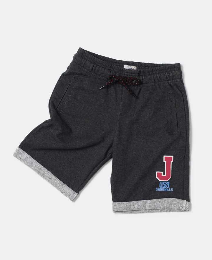 Super Combed Cotton Rich French Terry Graphic Printed Shorts with Turn Up Hem Styling - Black Melange-5