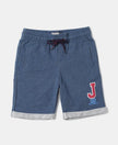 Super Combed Cotton Rich French Terry Graphic Printed Shorts with Turn Up Hem Styling - Insignia Blue Melange-1