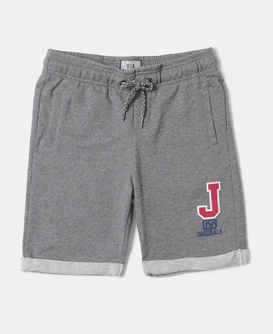 Super Combed Cotton Rich French Terry Graphic Printed Shorts with Turn Up Hem Styling - Steel Grey Melange-1