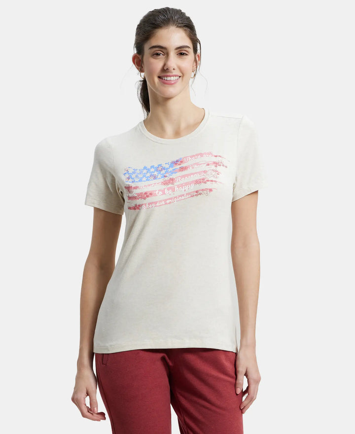 Super Combed Cotton Elastane Regular Fit Graphic Printed Round Neck Half Sleeve T-Shirt - Cream Melange-1