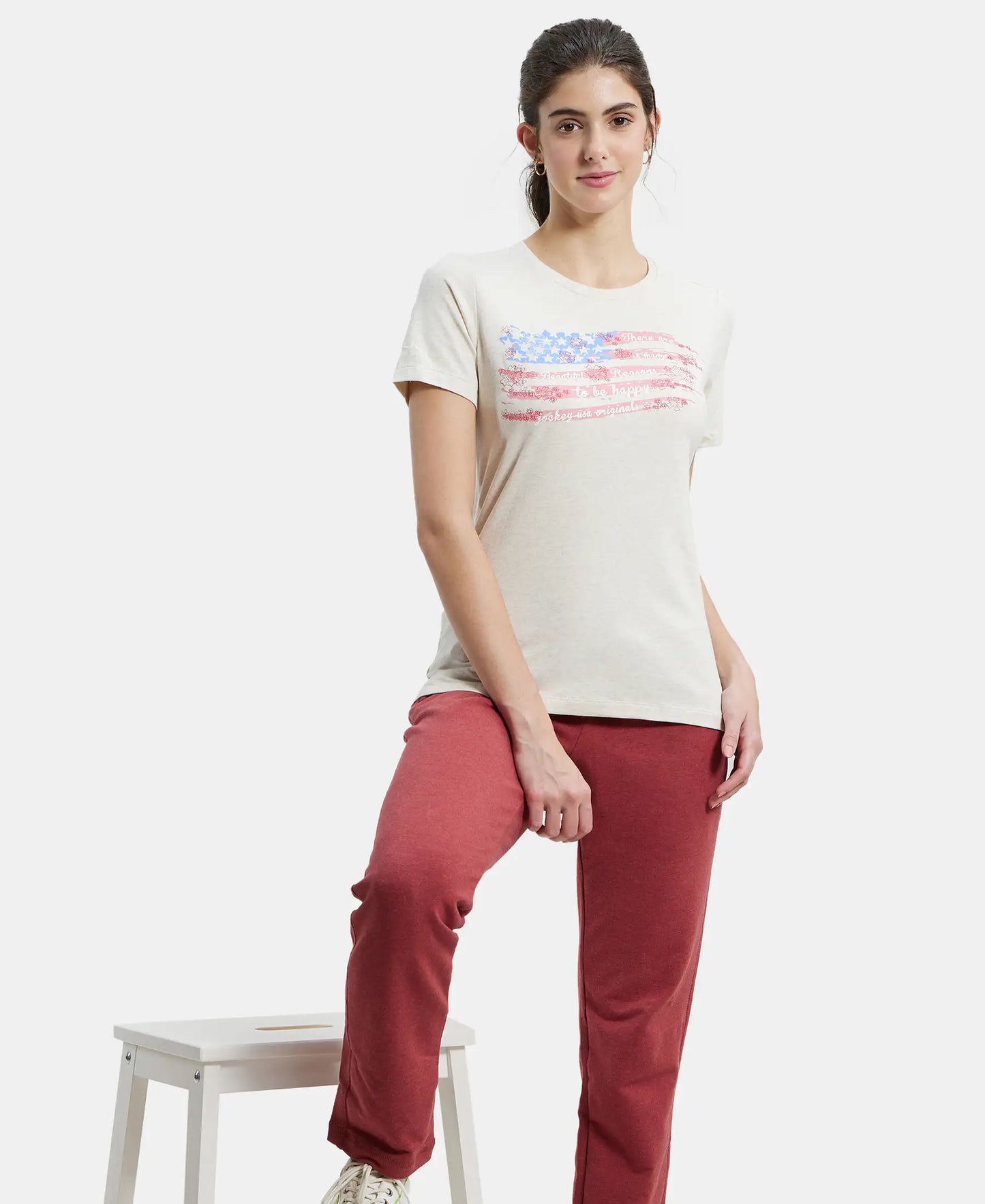 Super Combed Cotton Elastane Regular Fit Graphic Printed Round Neck Half Sleeve T-Shirt - Cream Melange-5