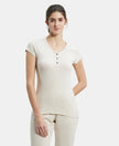 Super Combed Cotton Elastane Stretch Slim Fit Solid V Neck Henley Styled Half Sleeve T-Shirt - Cream Melange-1