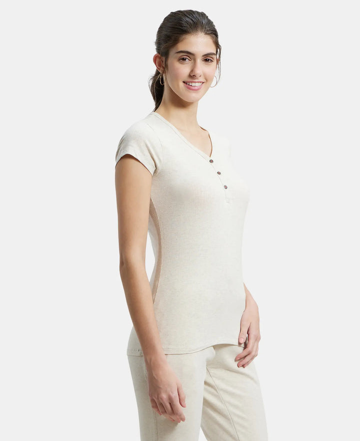 Super Combed Cotton Elastane Stretch Slim Fit Solid V Neck Henley Styled Half Sleeve T-Shirt - Cream Melange-2