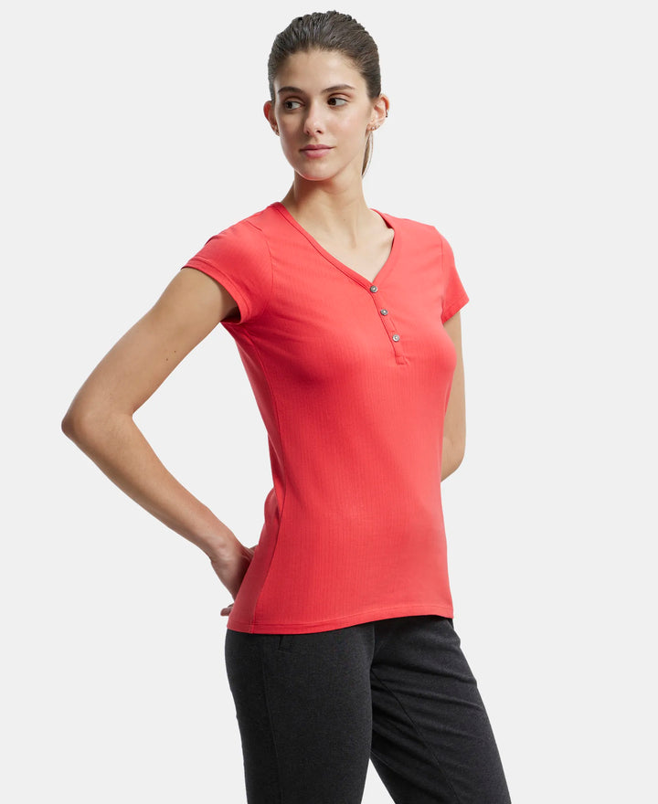 Super Combed Cotton Elastane Stretch Slim Fit Solid V Neck Henley Styled Half Sleeve T-Shirt - Hibiscus-2