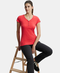 Super Combed Cotton Elastane Stretch Slim Fit Solid V Neck Henley Styled Half Sleeve T-Shirt - Hibiscus-5